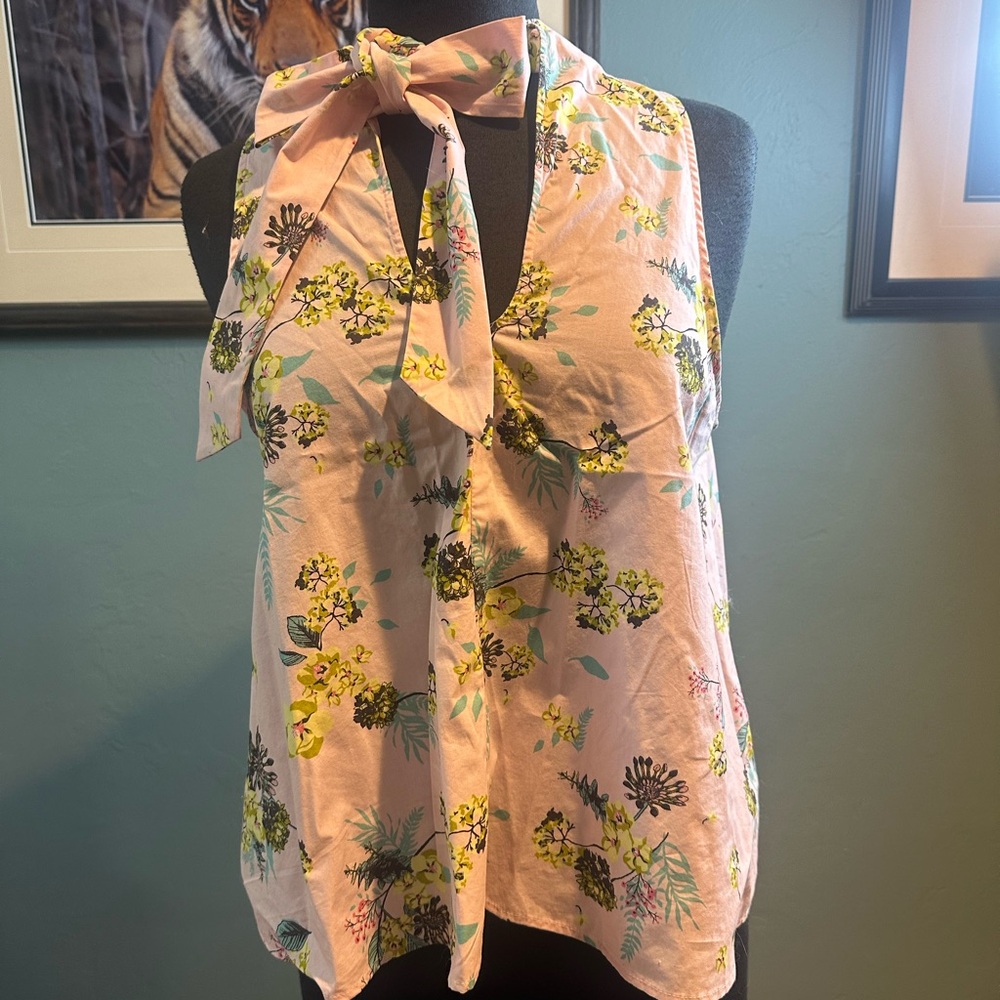 Abound Pink Floral Pink Sleeveless 100% Cotton Top Bow Tie Size Medium